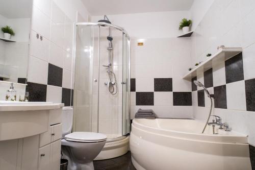 a bathroom with a shower and a toilet and a sink at APARTAMENT FOCUS in Gdynia