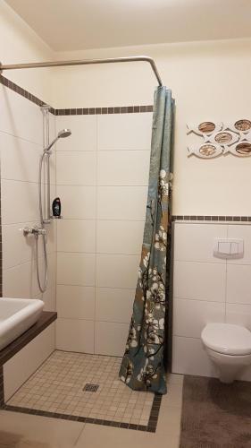 a bathroom with a shower curtain and a toilet at Ferienwohnung FERRUM in Korbach
