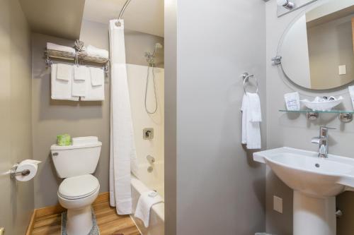 a bathroom with a toilet and a sink at Grey Fox Inn in Stowe