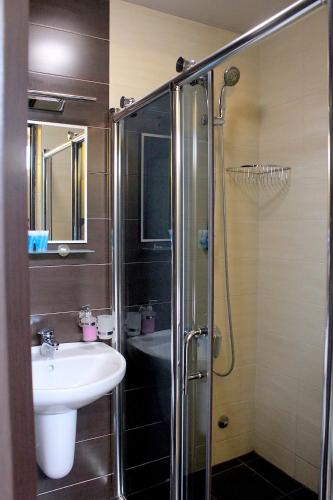 a bathroom with a sink and a shower at Penthouse Apartment 401 in Tbilisi City