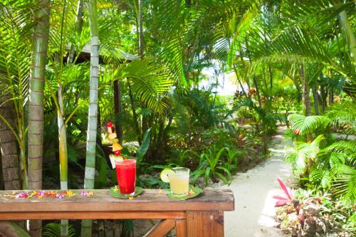two drinks on a wooden table in a garden at Las Rocas Resort and Dive Center in West Bay