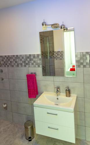 a bathroom with a white sink and a mirror at Apartmani Dalmacjia in Grebaštica