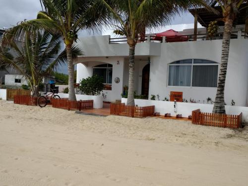 a house on the beach with palm trees in front at Drake Inn in Puerto Villamil