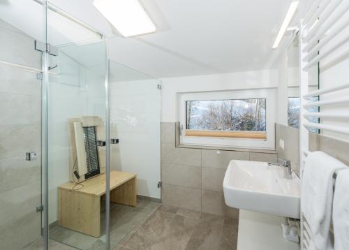 een badkamer met een wastafel en een glazen douche bij Panorama Lodge Schladming in Schladming