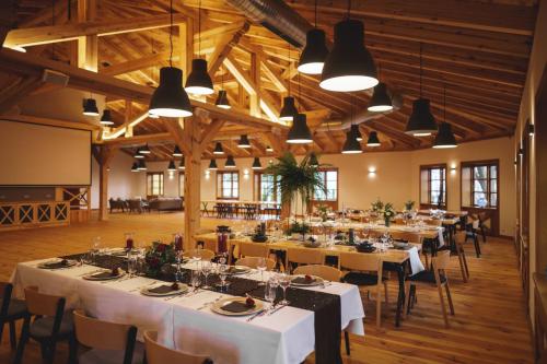 a banquet hall with tables and chairs and lights at Kolumna Park Hotel in Dobroń