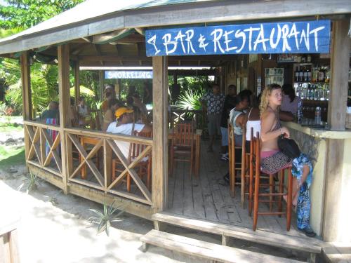a group of people sitting at a bar at Las Rocas Resort and Dive Center in West Bay
