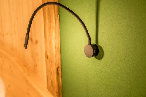 a headphone hanging on a green wall next to a door at Das kleine Bio Hotel Tiefenbach in Schladming