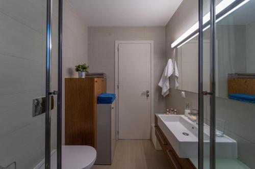 a bathroom with a sink and a toilet and a mirror at Abelia Luxurious Villas in Finikounta
