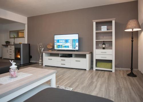 una sala de estar con TV de pantalla plana en un armario en Ferienwohnungen Citylight Winterberg, en Winterberg