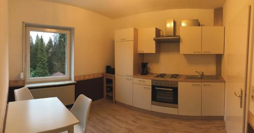 een keuken met witte kasten en een tafel en een raam bij Ferienwohnungen Haus Landmann in Hahnenklee-Bockswiese