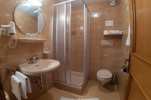 a bathroom with a shower and a sink and a toilet at App. Tamanhof in San Giorgio