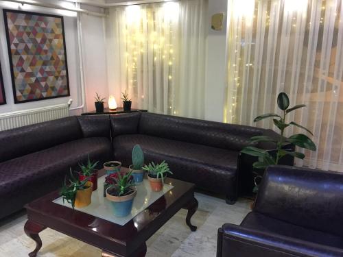 a living room with a couch and a table with potted plants at Hotel Balca in Izmir