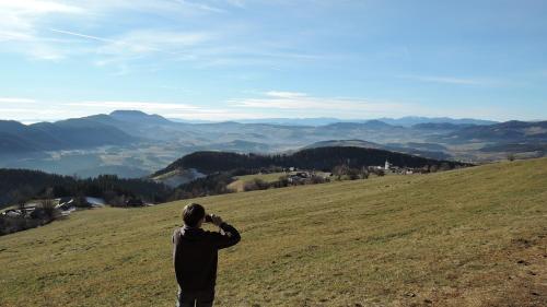 a man standing on top of a hill looking at a kite at Sulamith Ferienhaus mit Garten in Sankt Kathrein am Offenegg