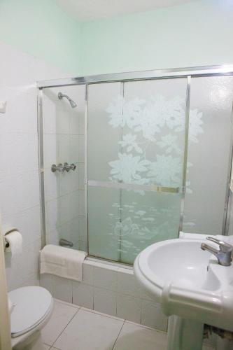 a bathroom with a shower and a toilet and a sink at Caribic House in Montego Bay