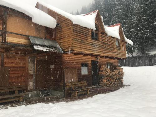 a log cabin is covered in snow at Shelest Vody in Russkaya Mokraya