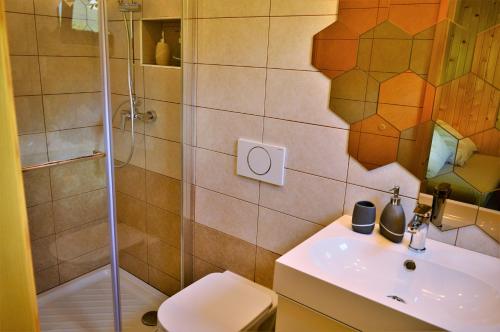 a bathroom with a sink and a shower and a toilet at Sleeping with the bees Kozjak in Kobarid