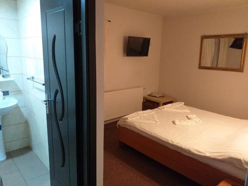 ブラショヴにあるCasa Anemyraのベッド1台とバスルームが備わる小さな客室です。