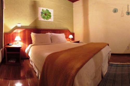 a bedroom with a large bed and two lamps on tables at Cheiro de Mata Pousada e Restaurante - 15 Km da Terra dos Dinos em Miguel Pereira in Engenheiro Paulo de Frontin