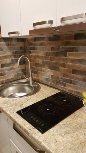 a kitchen counter with a stove and a sink at Cozy Apartment Near Gondola loft1 in Gudauri