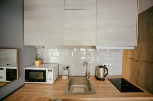 a kitchen with a sink and a microwave at Tedy's Apartments in New Gudauri in Gudauri