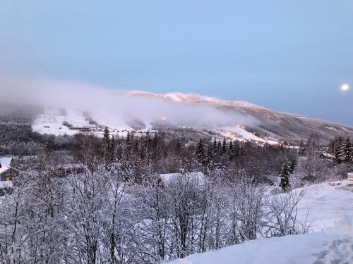 a snow covered mountain with a house in the distance at Persbyheden 14 in Sysslebäck
