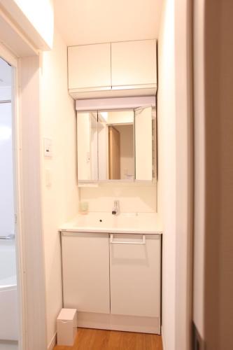a white bathroom with a sink and a mirror at 3LDK, Functional and New house in convenient Shinjuku in Tokyo