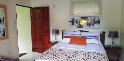 a bedroom with a bed and a dresser at Coyaba Tropical Elegant Adult Guesthouse in Manuel Antonio