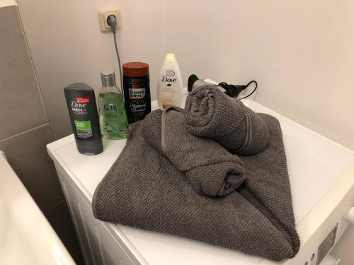 a towel sitting on a counter in a bathroom at Sonnige Wohnung im Zentrum mit Terrasse u Tiefgarage - Netflix & Prime in Leipzig