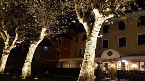 two trees in front of a building at night at Ristorante Albergo Corona in Novi Ligure