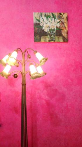eine Lampe in einem Raum mit einer rosa Wand in der Unterkunft La Pace Hostel in Taitung
