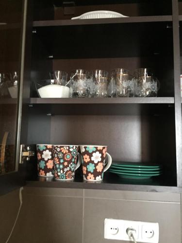 een keuken met twee kopjes en borden op een plank bij Golden Mount View Apartment in Goedaoeri