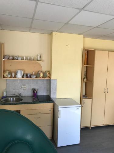 a kitchen with a sink and a white refrigerator at Apartments Londa in Jūrmala