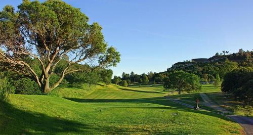 a green field with a tree and a road at Atascadero Inn in Atascadero