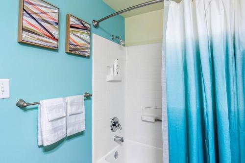 a bathroom with a shower with a blue shower curtain at Trifecta 2BR Free Parking Modern Superhost in Durham