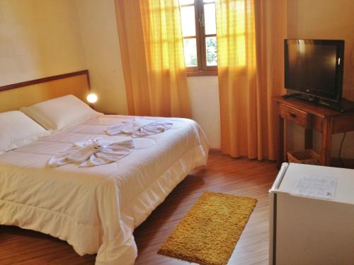 a bedroom with a bed and a flat screen tv at Alpenhaus Pousada in Campos do Jordão