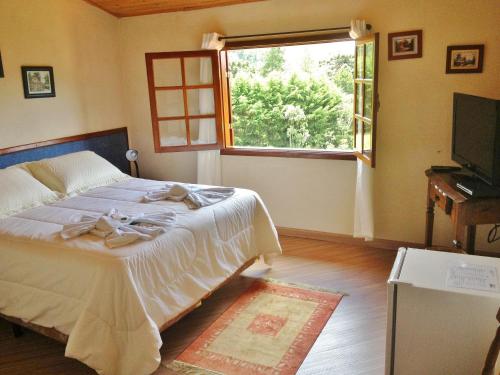 a bedroom with a bed with a window and a television at Alpenhaus Pousada in Campos do Jordão