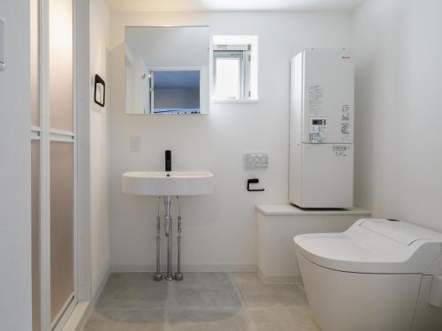 La salle de bains blanche est pourvue de toilettes et d'un lavabo. dans l'établissement AOCA KAMINOGE 302, à Tokyo
