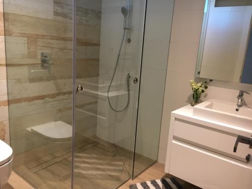 ein Badezimmer mit Dusche, Toilette und Waschbecken in der Unterkunft Naranjo golf & leisure in Orihuela