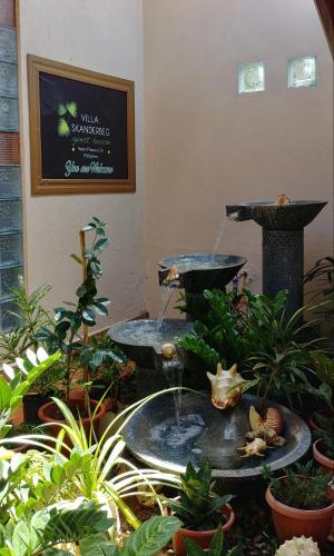 two water fountains in a garden with plants at Villa Skanderbeg Guest House in Puerto Princesa City