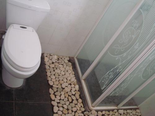 a bathroom with a toilet and a walk in shower at Gusti Home Stay Ubud in Ubud