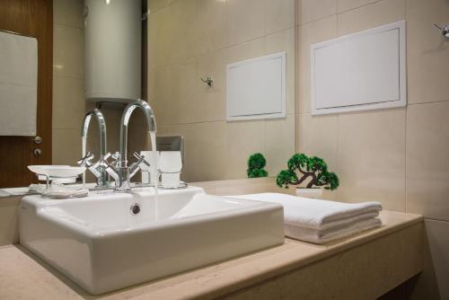 a bathroom with a white sink and a mirror at Effect Malina Residence Hotel in Pamporovo