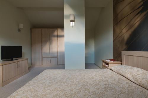 a bedroom with a bed and a flat screen tv at Effect Malina Residence Hotel in Pamporovo