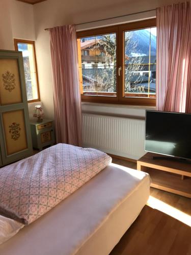 1 dormitorio con 1 cama y TV de pantalla plana en Appartement Stubaital, en Neustift im Stubaital