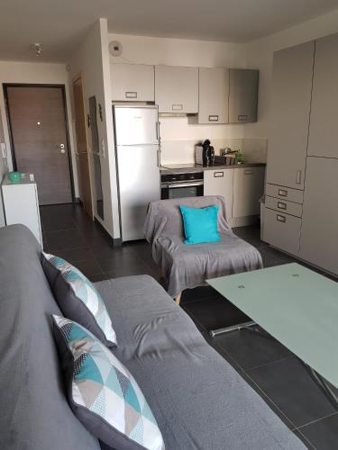 un salon avec un canapé et une cuisine dans l'établissement Super emplacement à Calvi, à Calvi