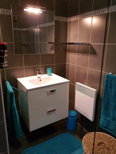 une salle de bain avec un lavabo et un miroir dans l'établissement Super emplacement à Calvi, à Calvi