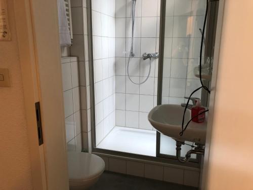 een badkamer met een douche, een wastafel en een toilet bij Hotel Westfälischer Hof in Hattingen