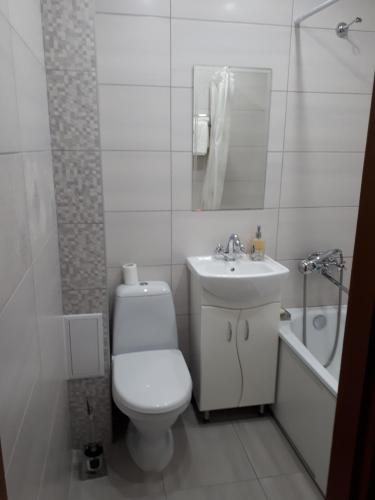 a white bathroom with a toilet and a sink at Nebesnoyi Sotni in Zhytomyr