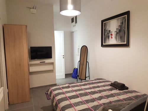 a bedroom with a bed and a flat screen tv at Lux Apartment in Belgrade 2 in Belgrade