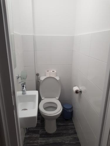 a white bathroom with a toilet and a sink at Lux Apartment in Belgrade 2 in Belgrade