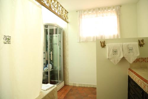 a bathroom with a shower and a sink at Villa Bonita Les Terrasses in Cuernavaca